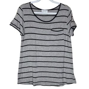 Coverstitched Scooped Neck Stripped Medium Loose Fit Short Sleeve Blouse